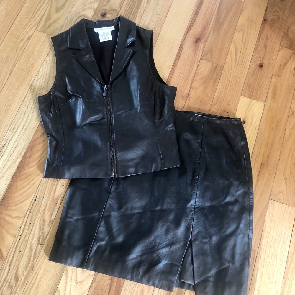 2 piece brown leather mini with vest